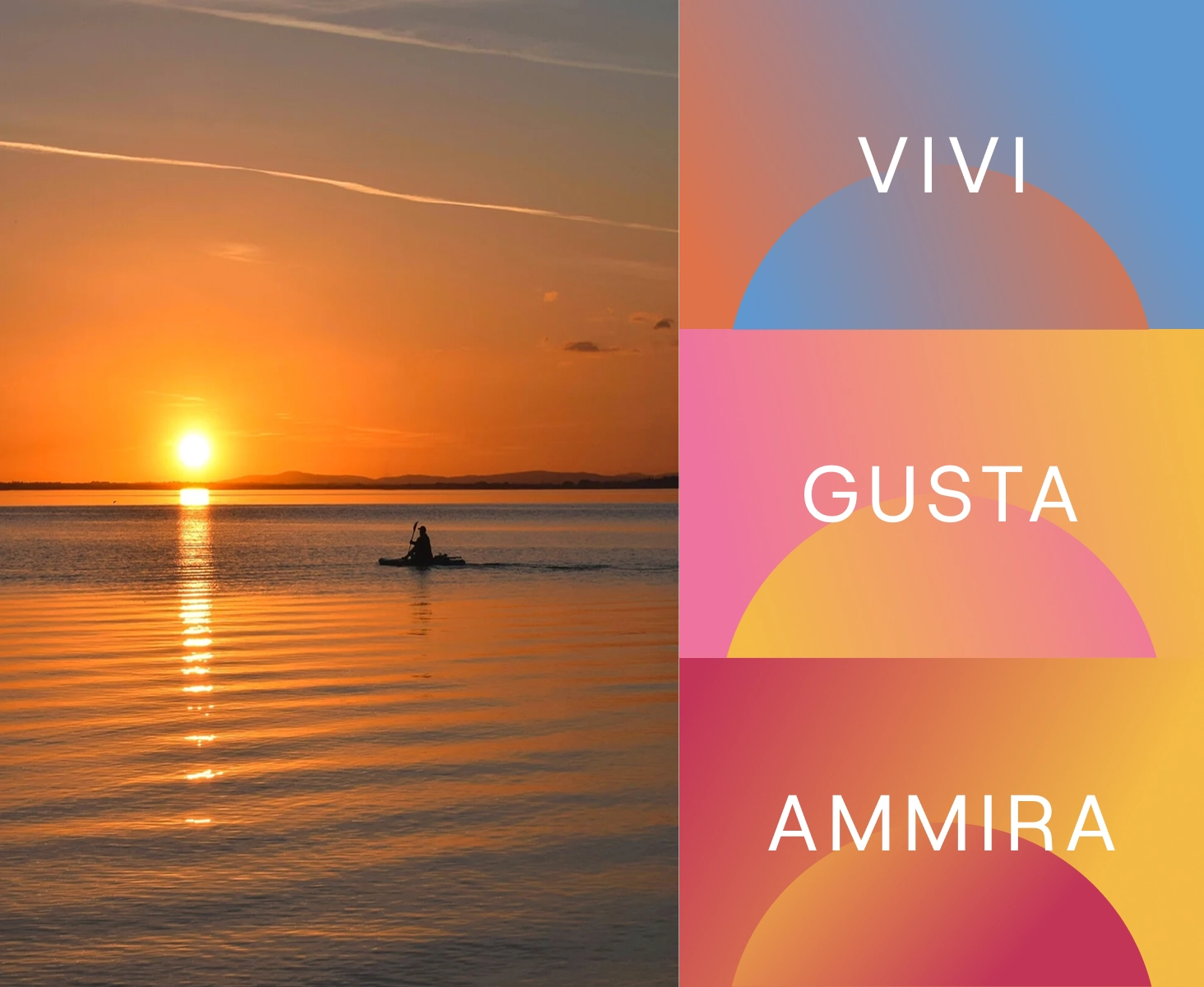 Una canoa nel lago Trasimeno al tramonto, affiancata da tre box che rappresentano le tre aree del Festival dei tramonti: Vivi, Gusta e Ammira.
